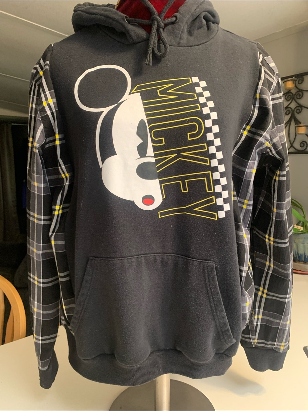 Upcycled Disney Black Graphic Fleece-Lined Hoodie with Plaid Sleeves added
